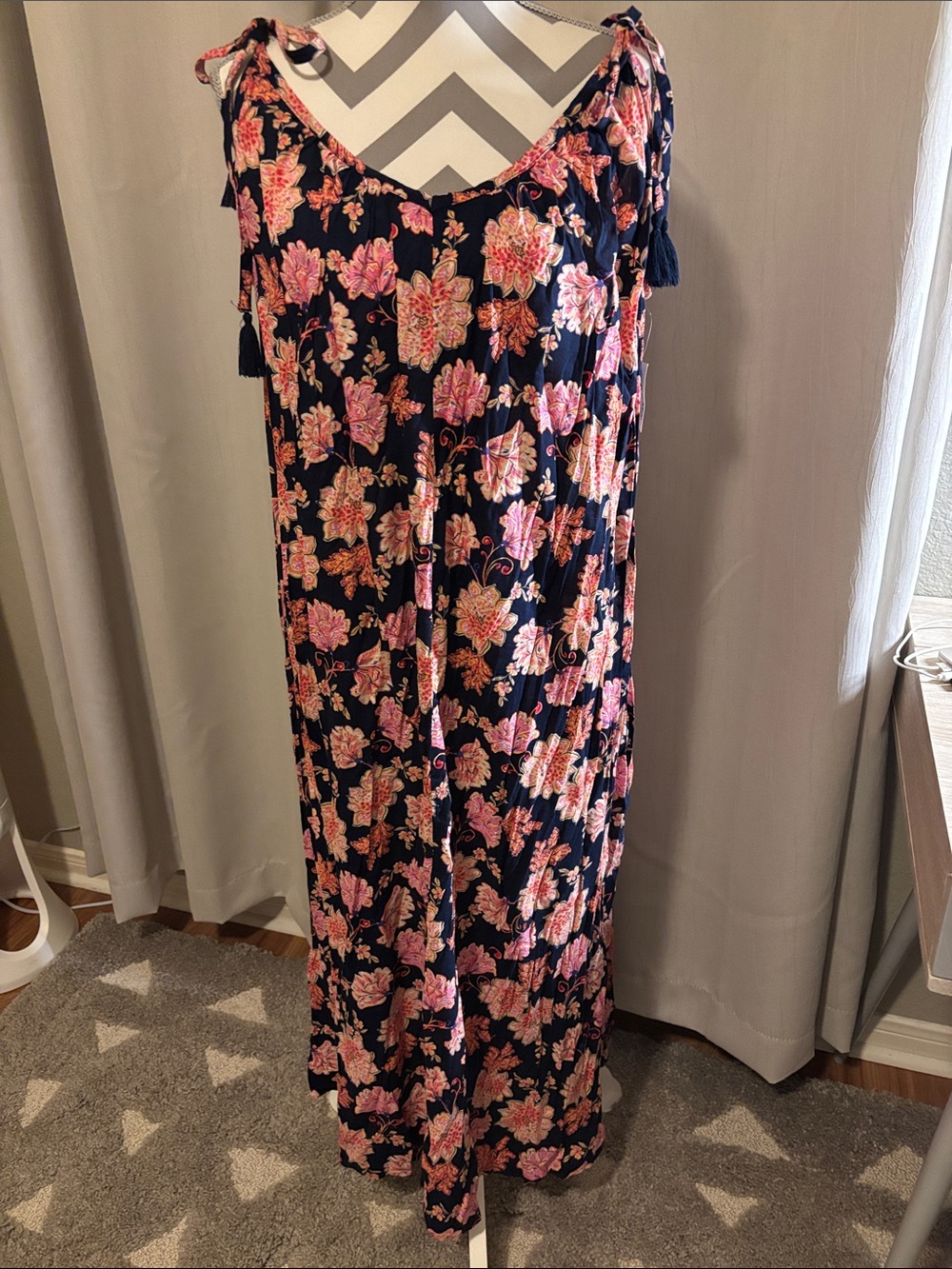 Old Navy Navy Maxi Dress with Pink Floral Pattern and Tie Straps
